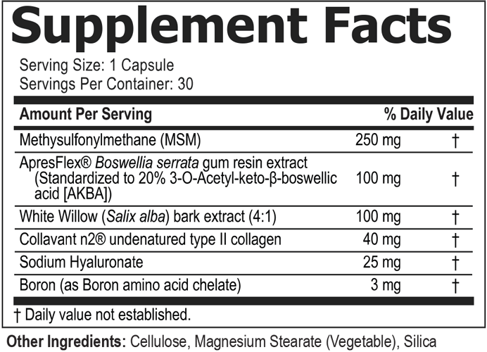 Flexafen Supplement Facts label showing every ingredient and dose