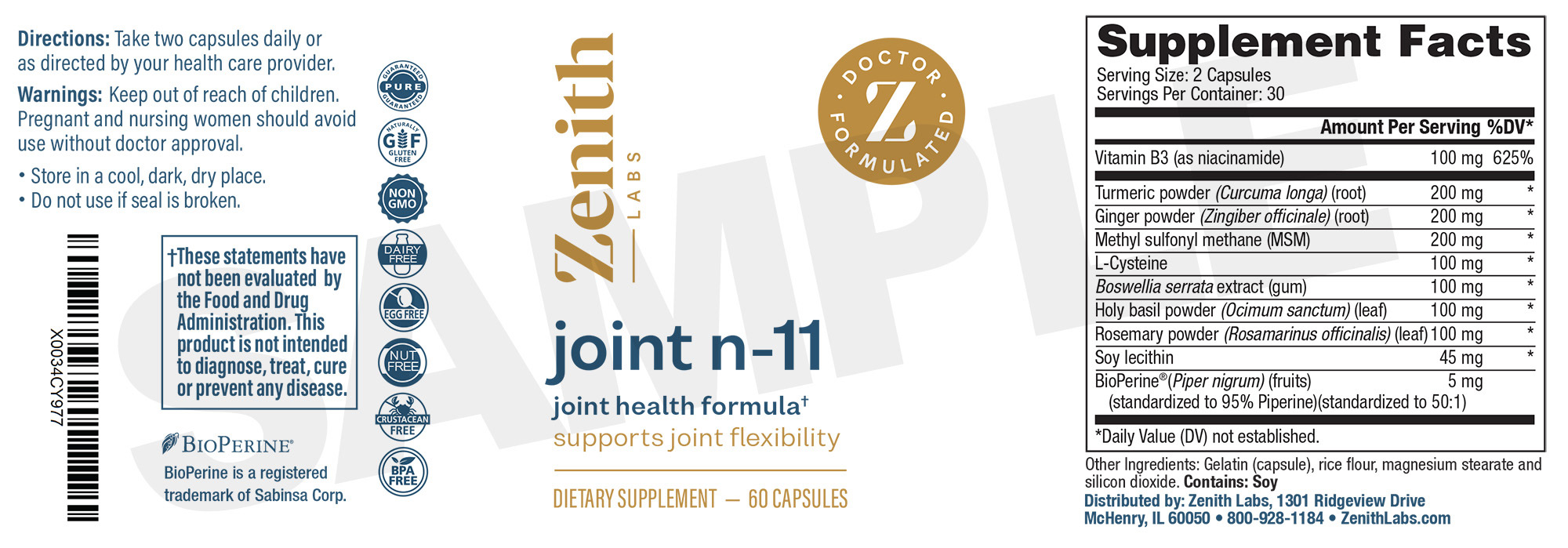 Joint N-11 Supplement Facts label showing all ten ingredients and doses