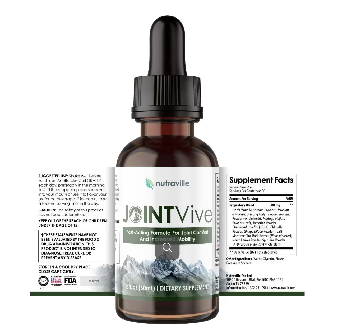 JointVive Supplement Facts label showing a 800mg proprietary blend of nine botanical ingredients