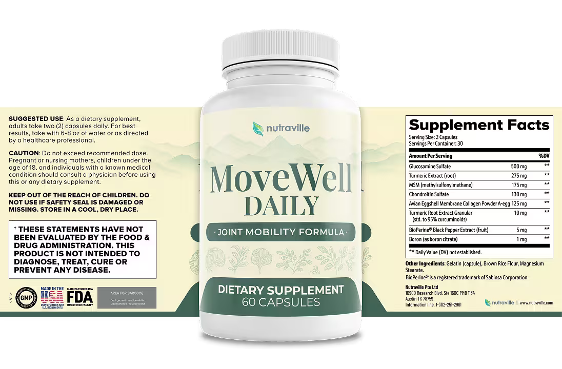 MoveWell Daily Supplement Facts label showing every ingredient and dose